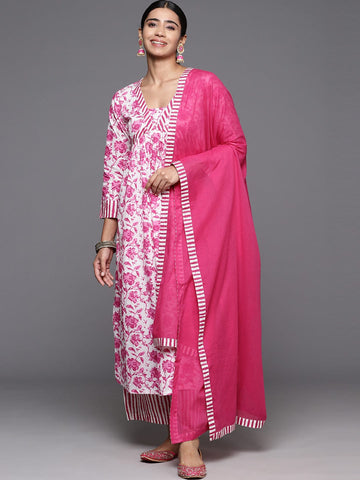 Varanga Women Pink & White Abstract Printed Anarkali Shape Kurta With Plazzo And Dupatta